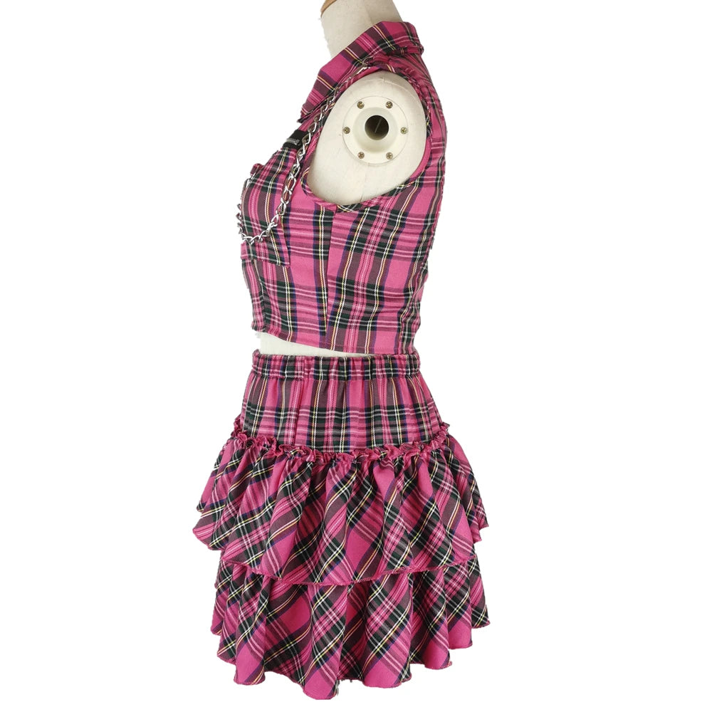 Women Pink Sexy Punk Gothic Zipper Sleeveless Suit Sweet Personality Chain Sleeveless Short T-shirt Streetwear Plaid Skirts