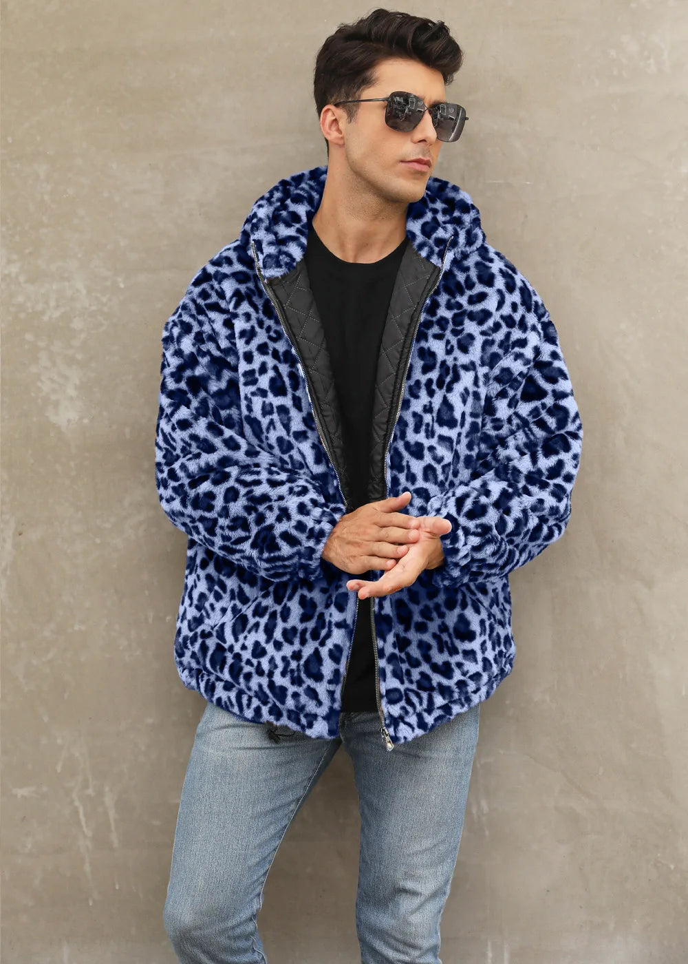 Autumn and Winter Warm Plush Leopard Print Jacket Imitation Fur Zipper Hooded Jacket for Men