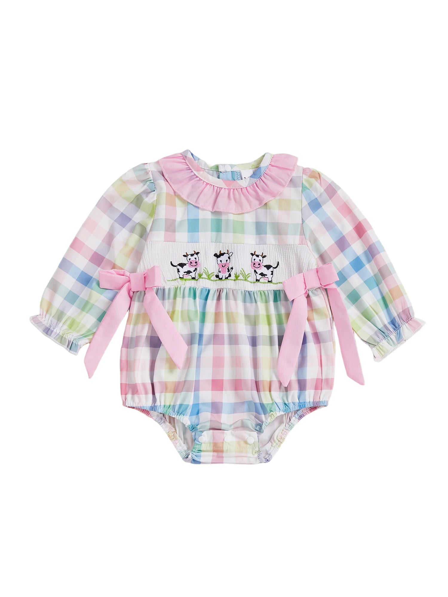 Adorable Toddler Plaid Overall with Cow Embroidery and Bow Detail - Long Sleeve Farm Animal Jumpsuit for Baby Girl