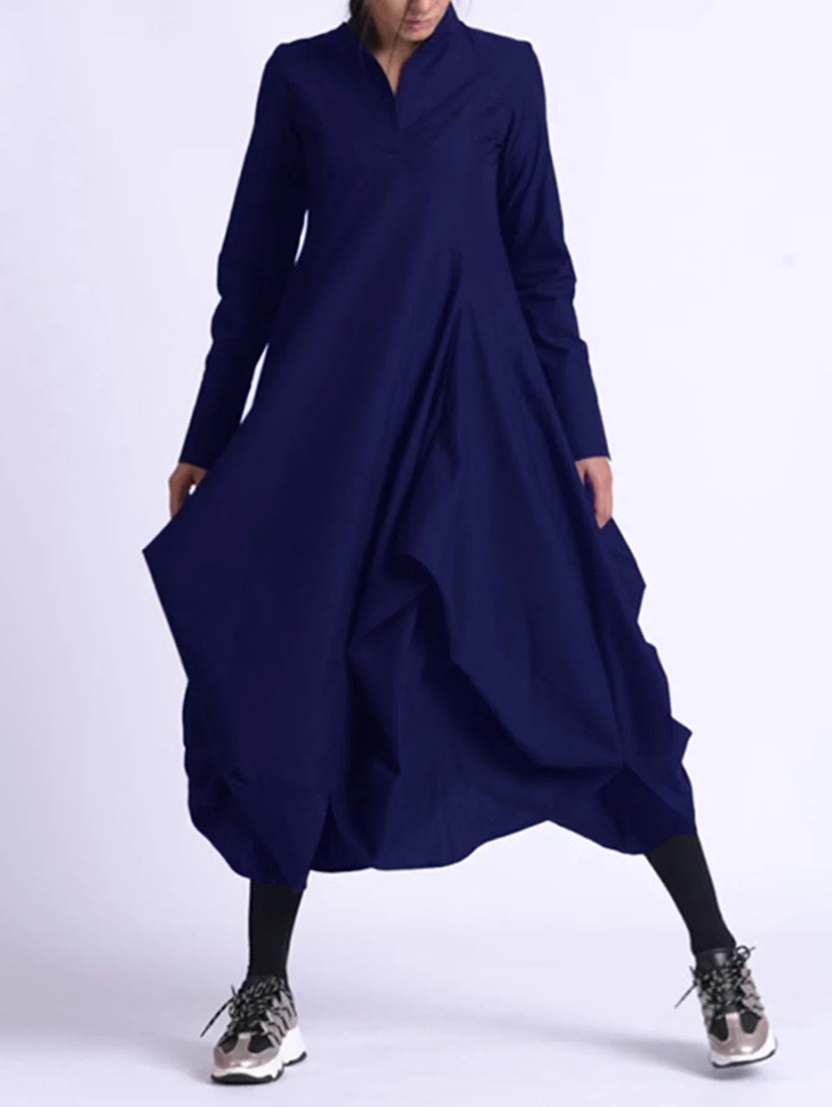 Women Mandarin Collar Dress Vintage Casual Solid Bud Long Dress Spring Long Sleeve Asymmetric A-Line Fashion Minimalist Dress