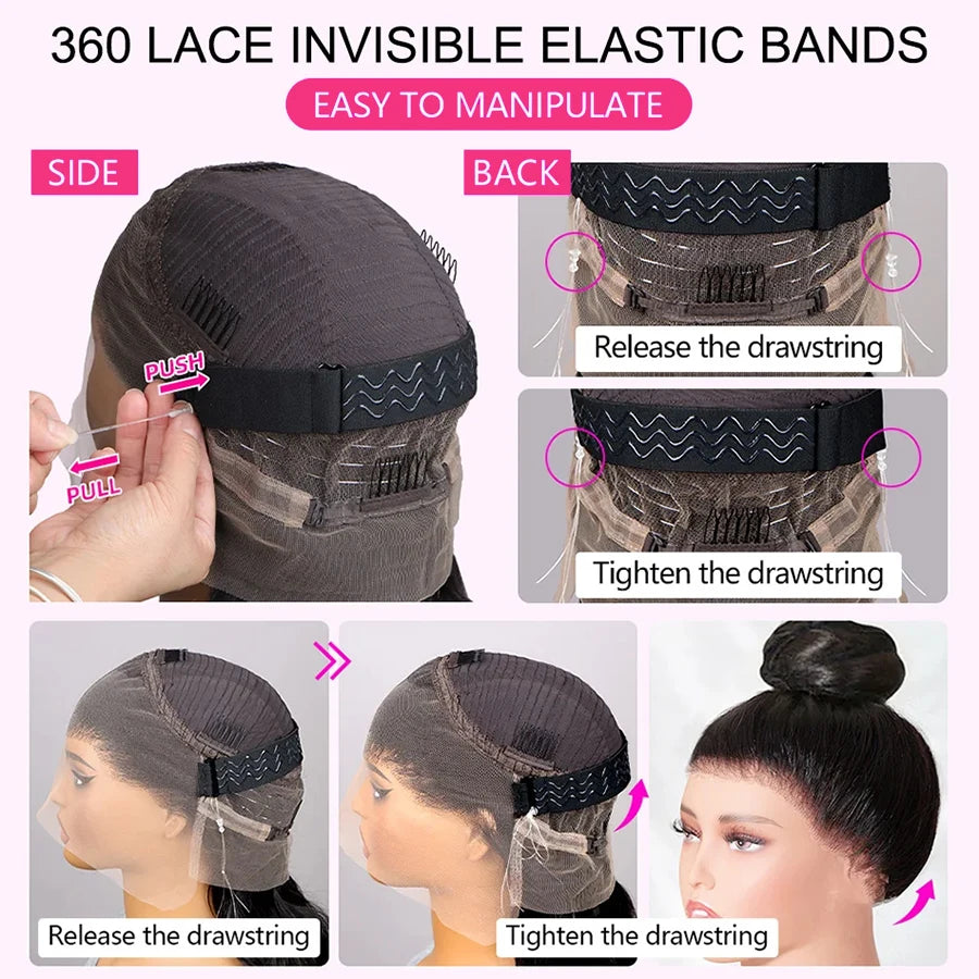 220% Density 360 Lace Wig Invisible Drawstring Kinky Straight Human Hair Wigs Natural Color Brazilian Glueless Wig Pre plucked