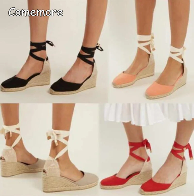 Comemore 2025 Fashion Women's Shoes Flat Heel Rope Womens Flats Lace-Up Espadrilles Summer Espadrille Sandals Female Strap Shoe