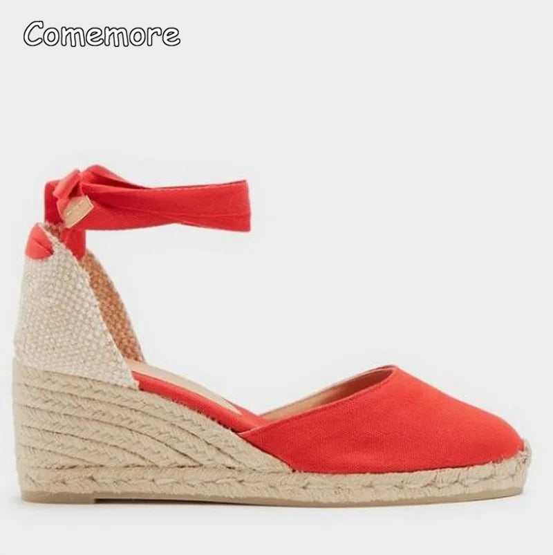 Comemore 2025 Fashion Women's Shoes Flat Heel Rope Womens Flats Lace-Up Espadrilles Summer Espadrille Sandals Female Strap Shoe