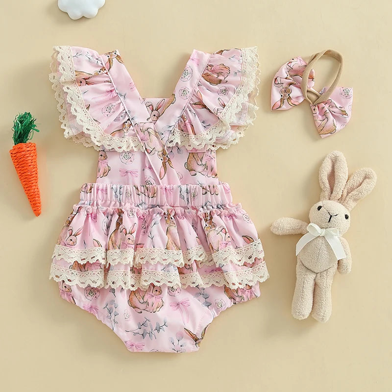 2025-01-02 Lioraitiin Baby Girls Easter Outfits Flower Bunny Print Lace Trim Flying Sleeve Spring Romper with Bow Headband Set