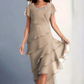 sexy chiffon puff short sleeve u neck midi dress elegant tierred layered slim fit summer dress stylish cocktail party dress