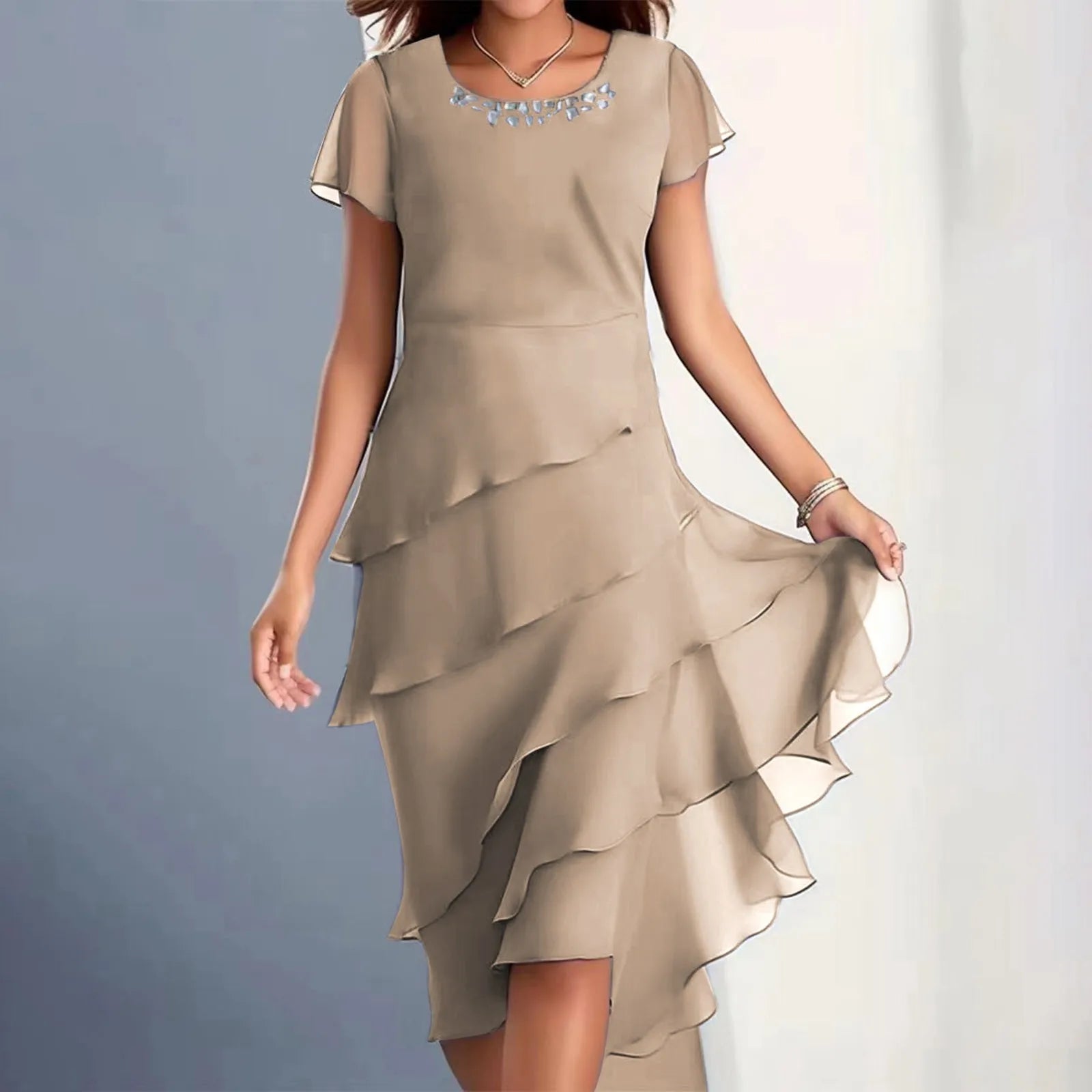 sexy chiffon puff short sleeve u neck midi dress elegant tierred layered slim fit summer dress stylish cocktail party dress