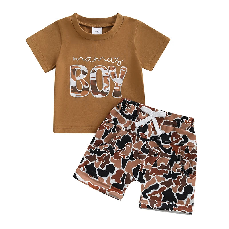 2025-01-13 Lioraitiin Toddler Boys Summer Shorts Sets Short Sleeve O Neck Letter Print Tops and Camouflage Shorts Sets