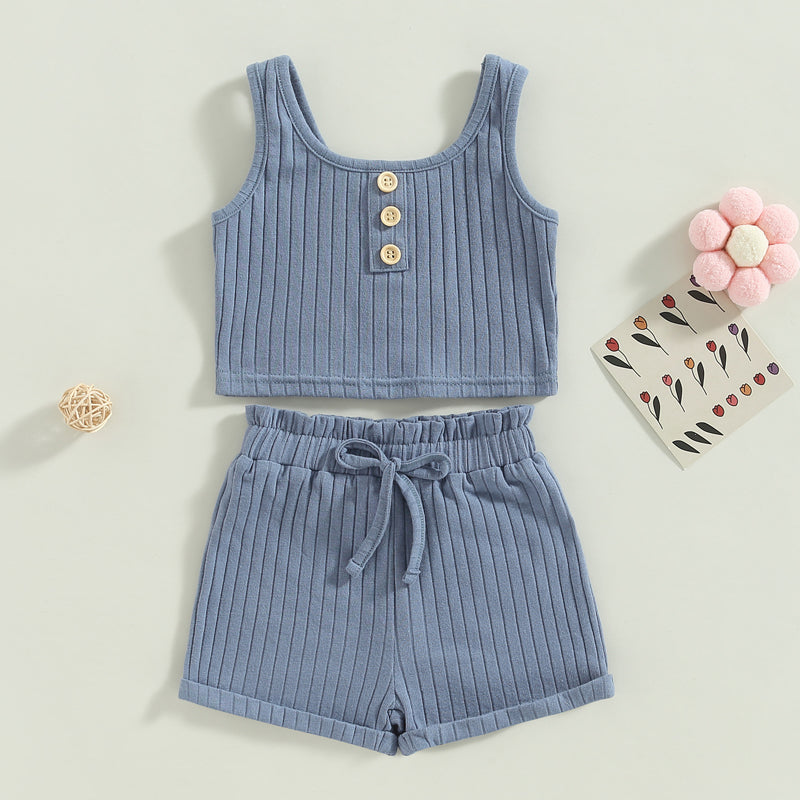 2023-02-14 Lioraitiin 0-4Years Toddler Girls 2Pcs Summer Outfit Sets Solid Button Vest Ribbed Drawstring Shorts