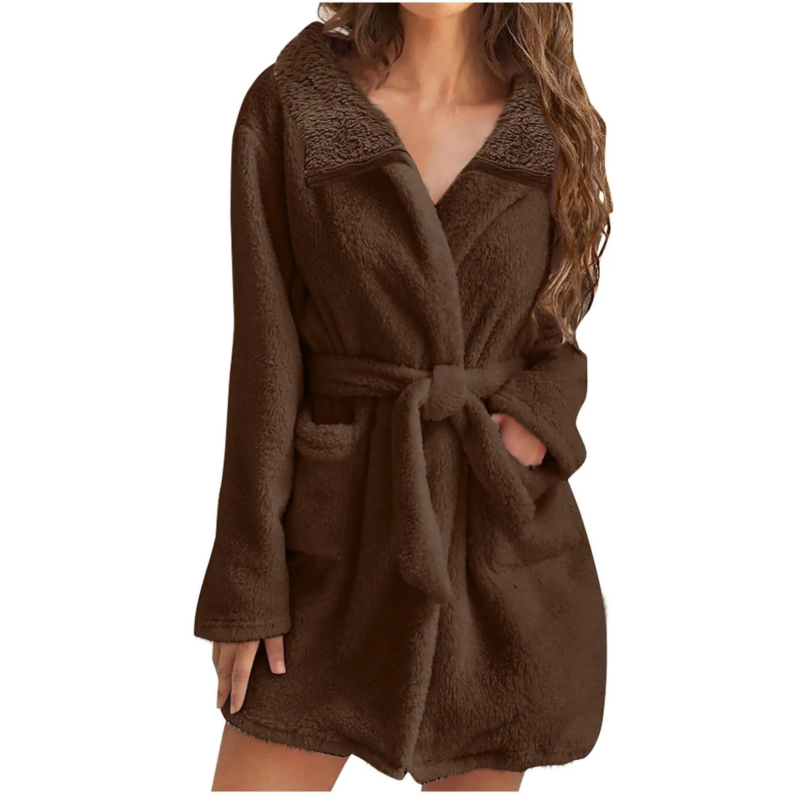Women Warm Plush Hooded Bathrobe Wainter Plush Lapel Robe With Pockets Female Pajamas Robe Long Home Clothes Lingeries For Woman