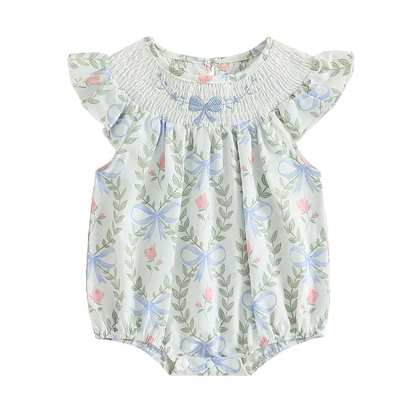 Adorable Baby Girls Jumpsuit Short Sleeve Round Neck Floral Print Toddler Romper for Playtime and Outings in Summer