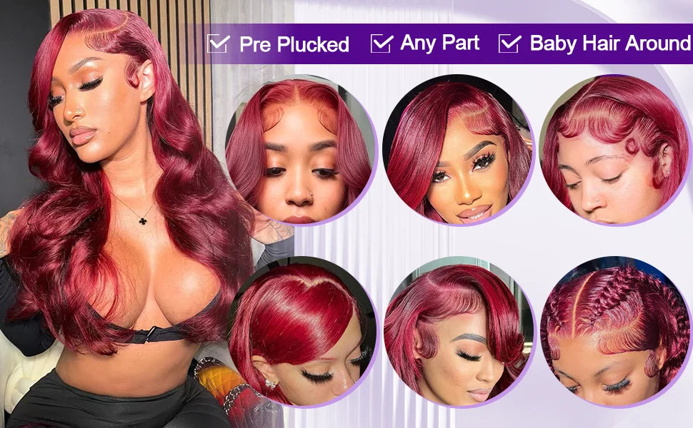 200% Colored 99j Wine Red Human Hair Wig Brazilian 40 Inch Burgundy 13x6 HD Lace Frontal Wig Body Wave 100% Remy Human Hair Wigs