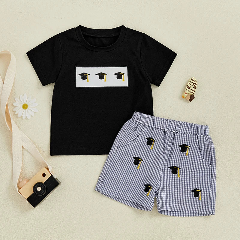 Cute 2 Piece Summer Outfits with Graduation Cap Embroidery Short Sleeve T-Shirt and Plaid Shorts Set for Baby Girl or Boy