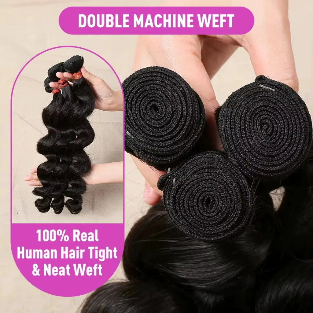 Wiglovie Loose Wave Human Hair Bundle 3 Bundle Deals 15A Peruvian Raw Curly 3/4 Pcs Double Weft Bundles Extensions For Women