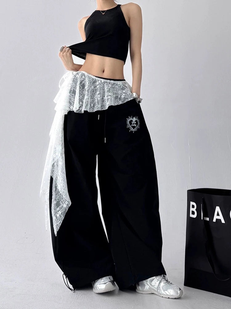 Jeans Pants Decor Embroidered Flower Lace Mini Skirt Irregular See Through Ruched Skirts High Waist Harajuku Pleated Skirts