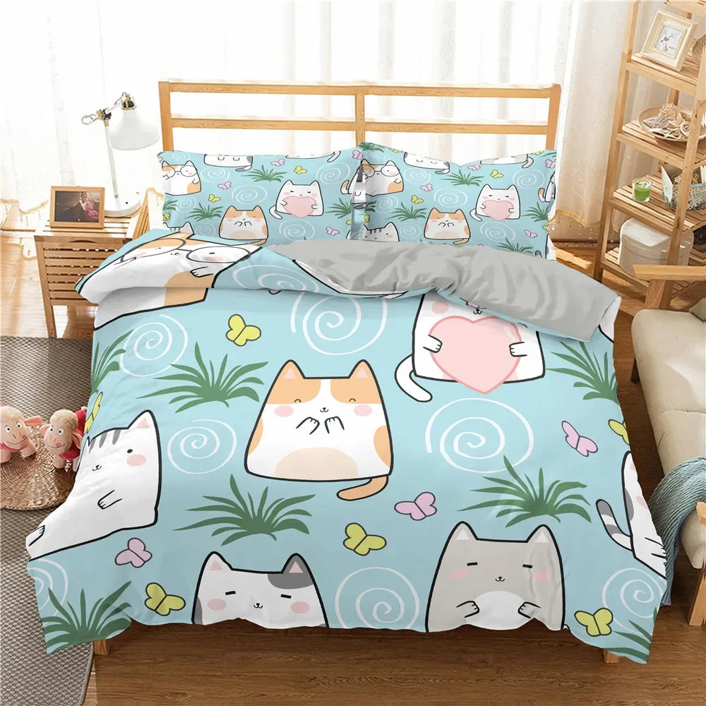 Cute Pink Pet Cats Cartoon Kitten Print Duvet Cover Pillowcase Polyester Quilt Cover for Children Women Bedroom Decoration King