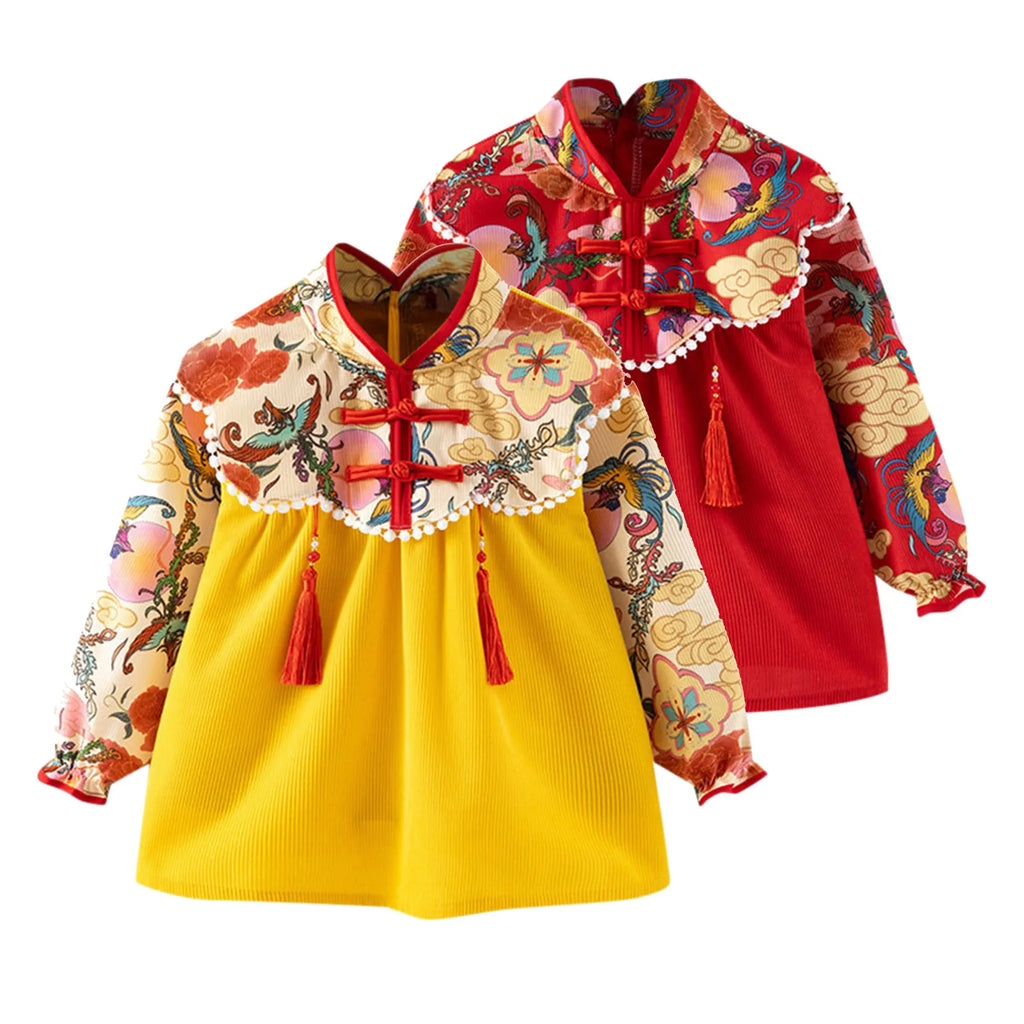 Toddler Girl Corduroy Kids Chinese New Year Dress Smock Reversible Water Proof Smocks Girls Feeding Baby Clothes Dress