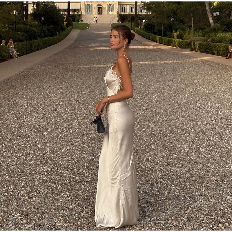 Lace Patchwork Sling Maxi Dress Women Sexy Solid V-neck Sleeveless Backless Satin Slim Dresses 2026 Lady Chic Party Evening Gown