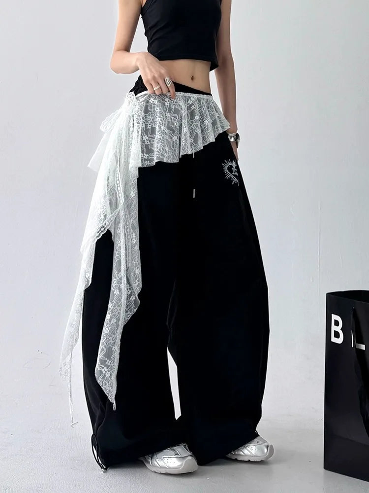 Jeans Pants Decor Embroidered Flower Lace Mini Skirt Irregular See Through Ruched Skirts High Waist Harajuku Pleated Skirts