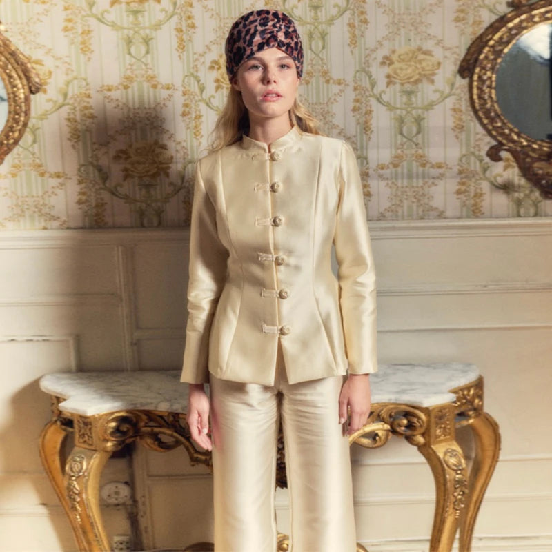 Vintage Stand Collar Velvet Frog Button Blazer Women Solid Long Sleeve Slim Cropped Jackets 2026 Spring Lady Fashion Outwear New