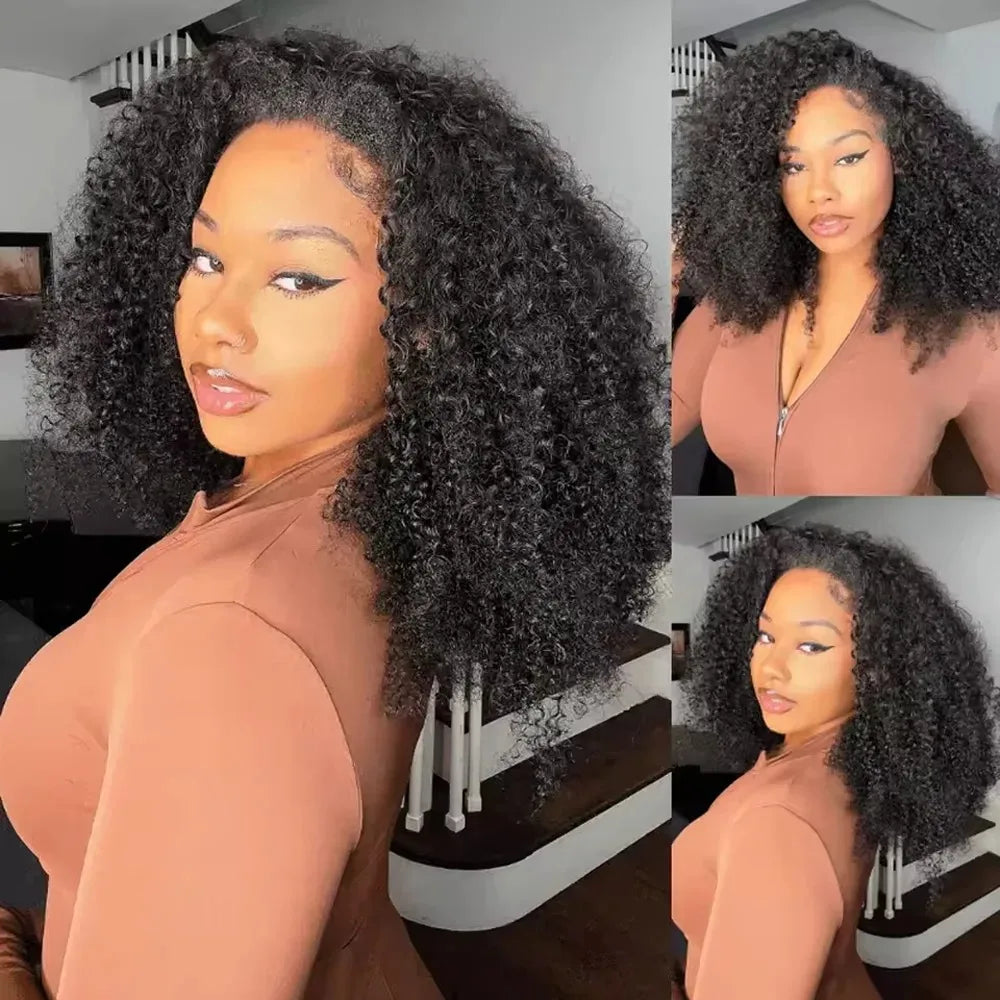 250% Half Wigs Human Hair Afro Kinky Curly Headband Wig Upgrade 3 IN 1 Half Wig With Drawstring Seamless Clip Ins Flip Over