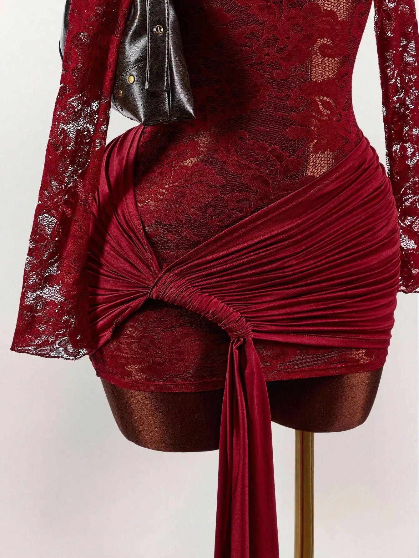 Red Lace Bodycon Mini Dress with Long Sleeves, Ruched Bust & Drawstring Hem for Party Night Club