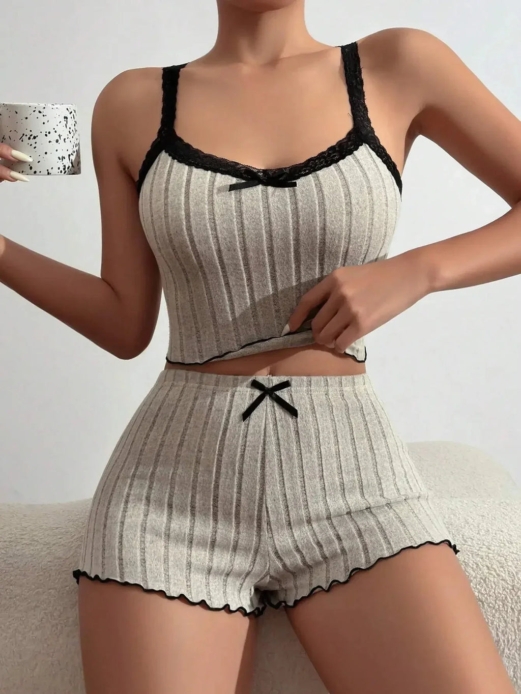 New Womens Ribbed Knit Pajama Set Lace Trim Bow Cami Crop Top Lettuce Hem Shorts Loungewear Sleepwear Cute Soft 2 Piece