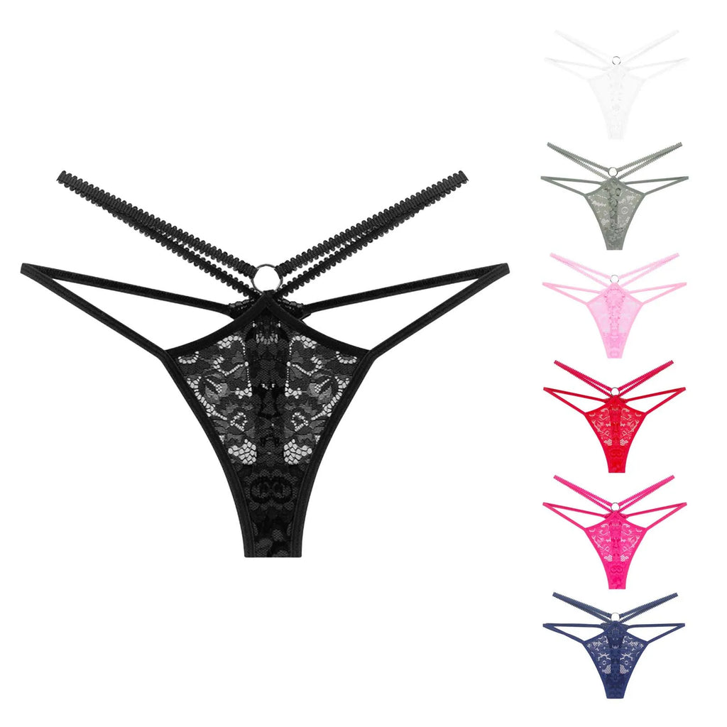 Women Strappy Hollow Briefs Underwear Ring Link Straps Low Rise Floral Lace Panties Ladies Translucent Sexy Underpants Lingerie