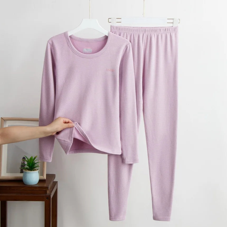New Autumn/Winter Cashmere and Silk Round-Neck Thermal Set Striped Thermal Underwear for Men and Women Base Layer Undergarments
