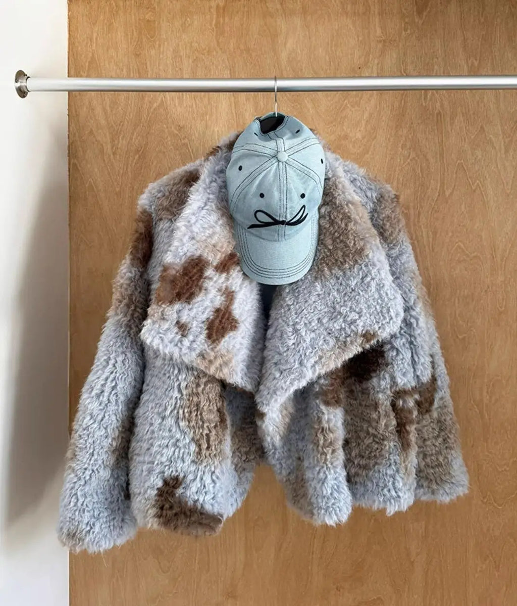 HIGH QUALITY Winter Large Lapel Curly Lamb Fur Coat Long sleeve Warm Shaggy Tie dye Gradient Faux Fur Jacket Loose Outerwear