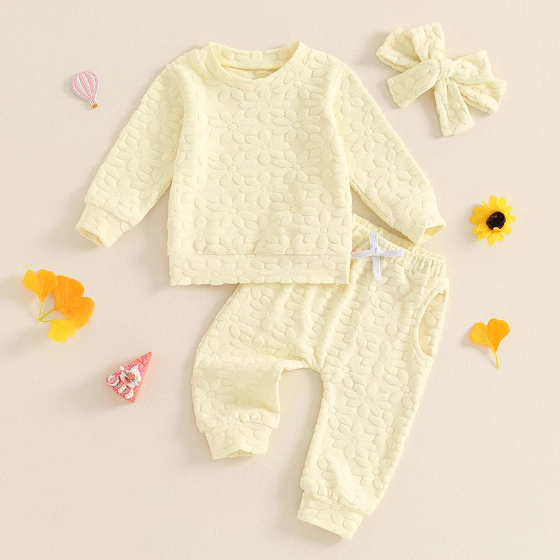 2024-05-22 Lioraitiin Toddler Girl Fall Outfit Daisy Embroidery Long Sleeve Sweatshirt with Elastic Waist Pants Headband Set