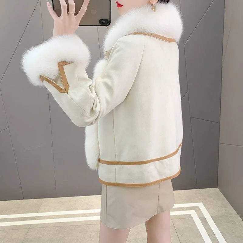 2025 Women Mid-Long Style Faux Fur Jacket Winter Female Pu Leather Splicing Fur Outwear Ladies Long Sleeve Thicken Warm Fur Coat