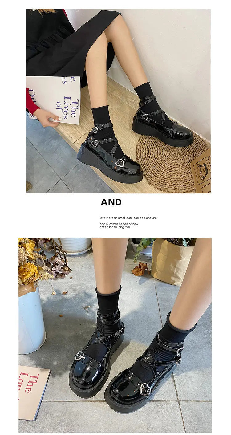 Women heels Lolita shoes platform mary jane Shoes Star Buckle Strap Mary Janes Women Cross-tied Girls Rivet Casual Shoes kawaii