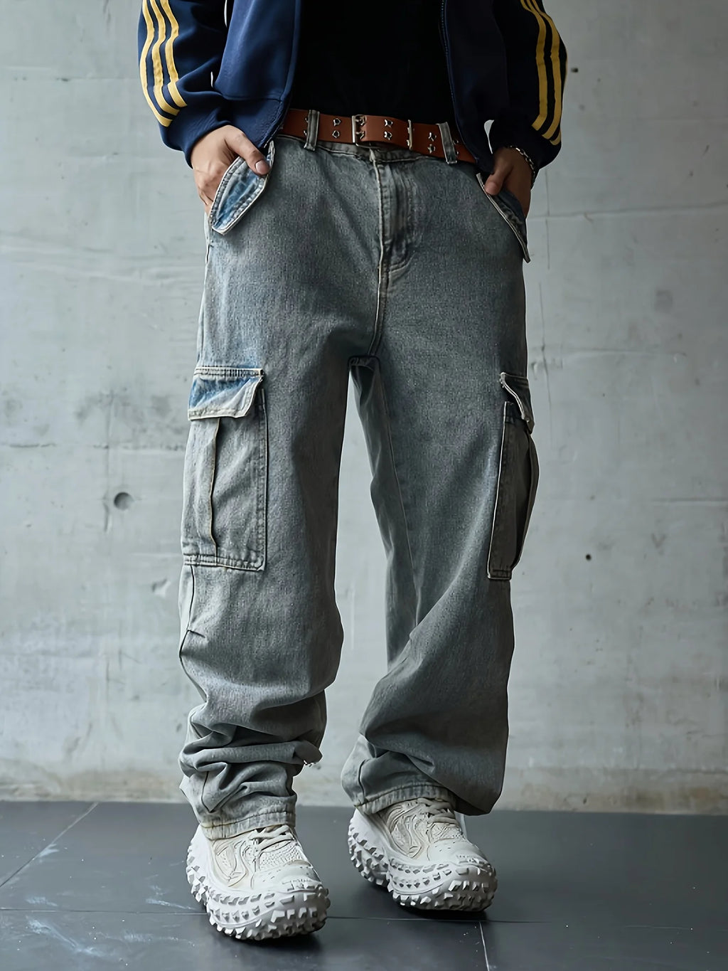 Men's multi pocket denim work pants straight leg denim pants