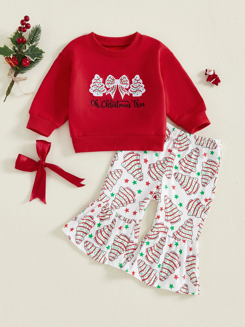 Lioraitiin Toddler Little Girl Christmas Outfit Bow Tree Applique Crewneck Sweatshirt and Flare Pants 2 Piece Winter Fall Set