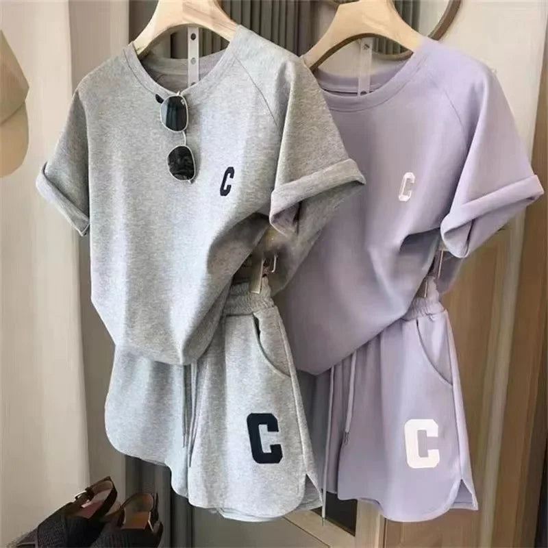  2 Piece Set Women Summer Loose Short Sleeve T-Shirt Casual Shorts Sports Print Letter Casual Suit Large Size Short Pajamas