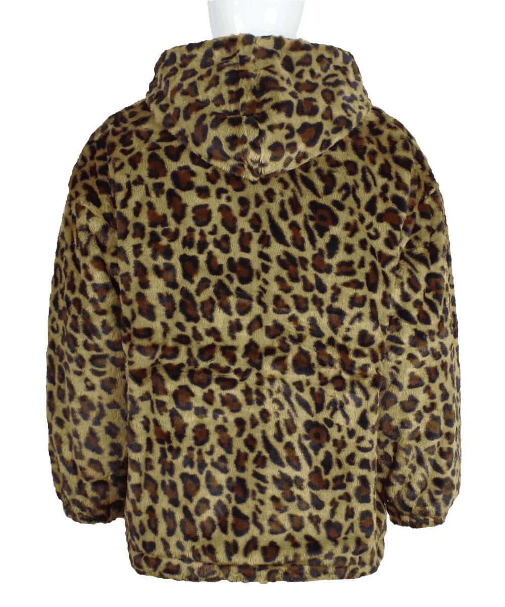 Autumn and Winter Warm Plush Leopard Print Jacket Imitation Fur Zipper Hooded Jacket for Men
