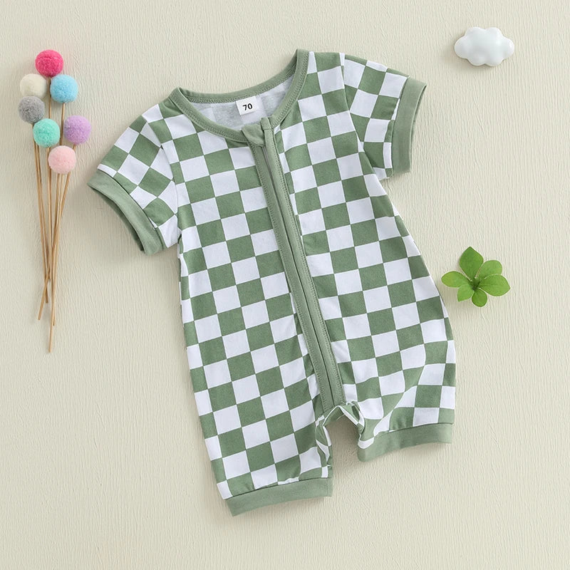 2025-02-06 Lioraitiin Baby Boys Summer Romper Checkerboard Print Short Sleeve Round Neck Zipper Front Jumpsuit