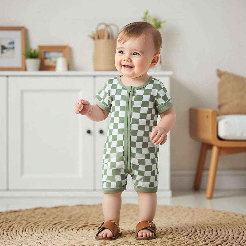 2025-02-06 Lioraitiin Baby Boys Summer Romper Checkerboard Print Short Sleeve Round Neck Zipper Front Jumpsuit