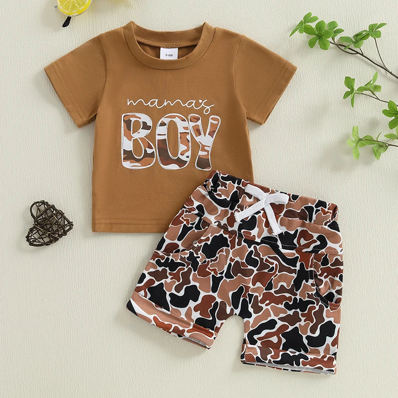 2025-01-13 Lioraitiin Toddler Boys Summer Shorts Sets Short Sleeve O Neck Letter Print Tops and Camouflage Shorts Sets