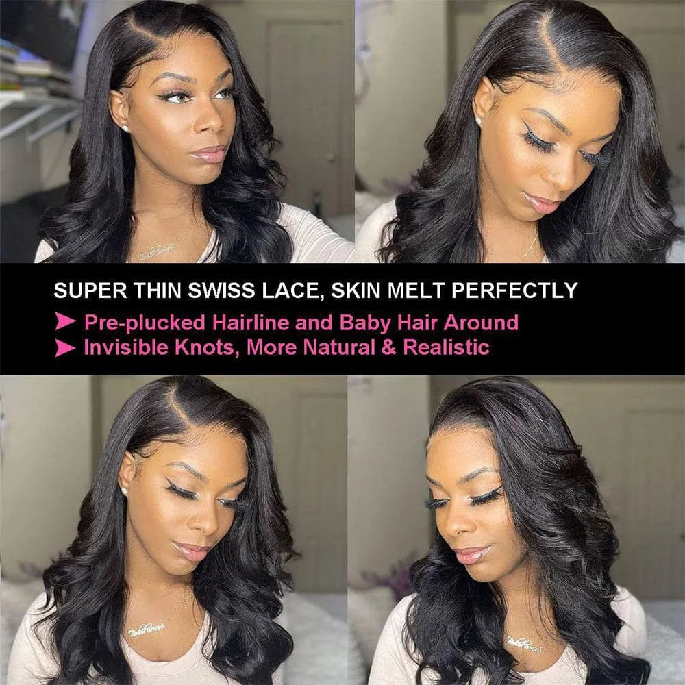 Body Wave 13x4 Lace Front Wig Pre Plucked Remy Brazilian Human Hair Wigs Natural Black 180% Density Transparent Lace Frontal Wig