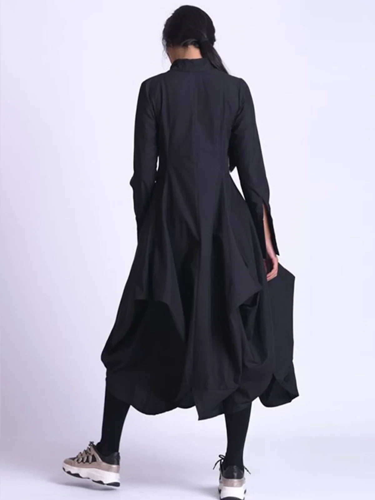 Women Mandarin Collar Dress Vintage Casual Solid Bud Long Dress Spring Long Sleeve Asymmetric A-Line Fashion Minimalist Dress