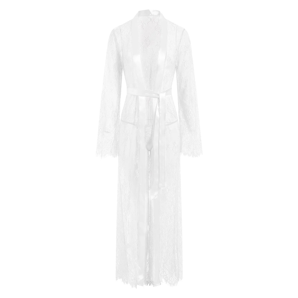 Women Nightgown Mesh See Through Nightdress Sexy Lingerie Lace Long Night Robe Gown Set Thong Long Sleeve Exotic Babydoll Dress