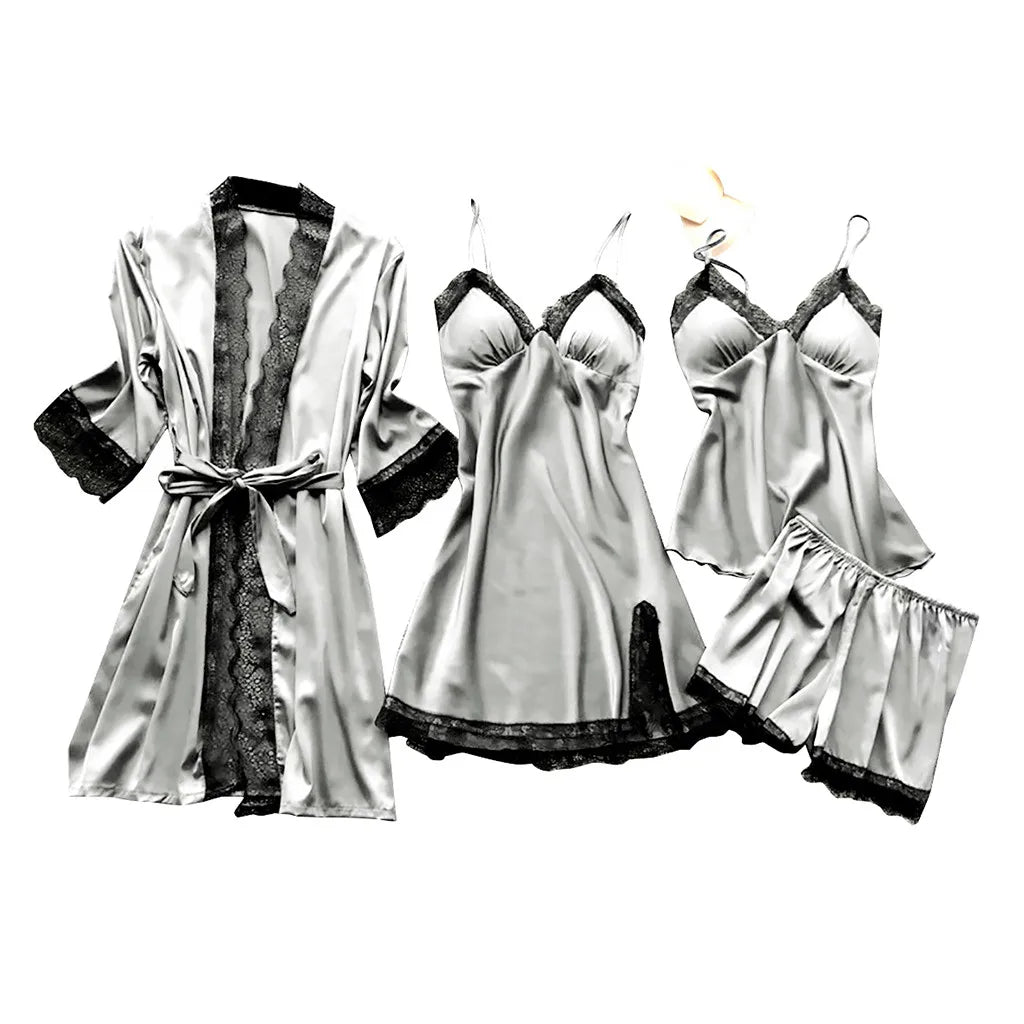 Large Size 4 Piece Women Pajama Sets Sexy Lace Embroidery Robe With Nightdress Outfits Loungewear Satin Silky Pyjama Sets