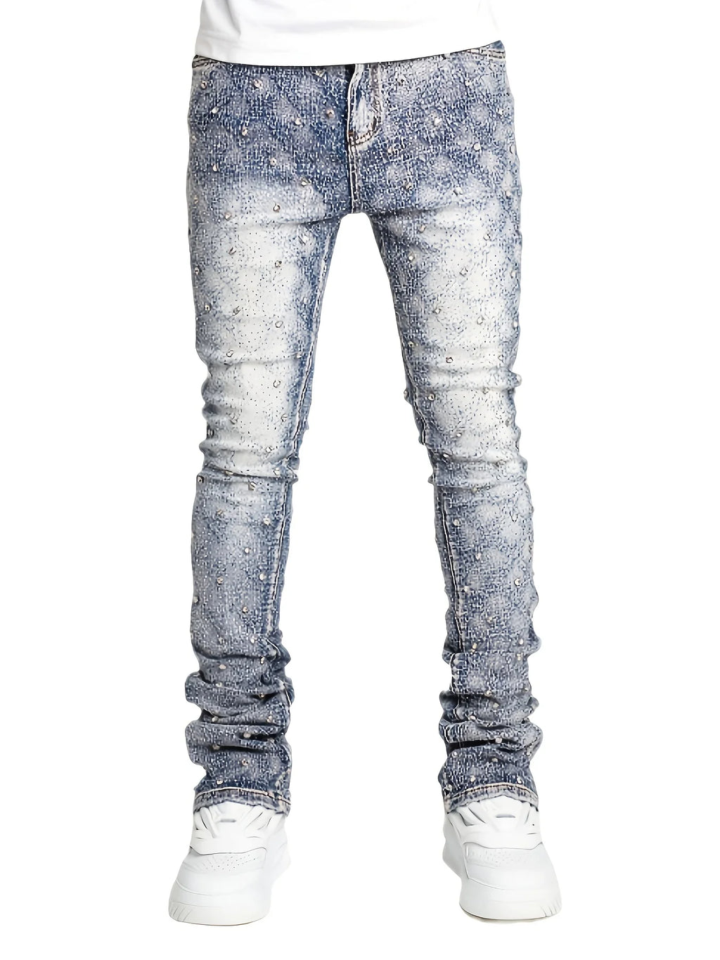 Men's denim fashion personality straight leg men's pants European and American fashion Instagram hot item elastic pearl denim la