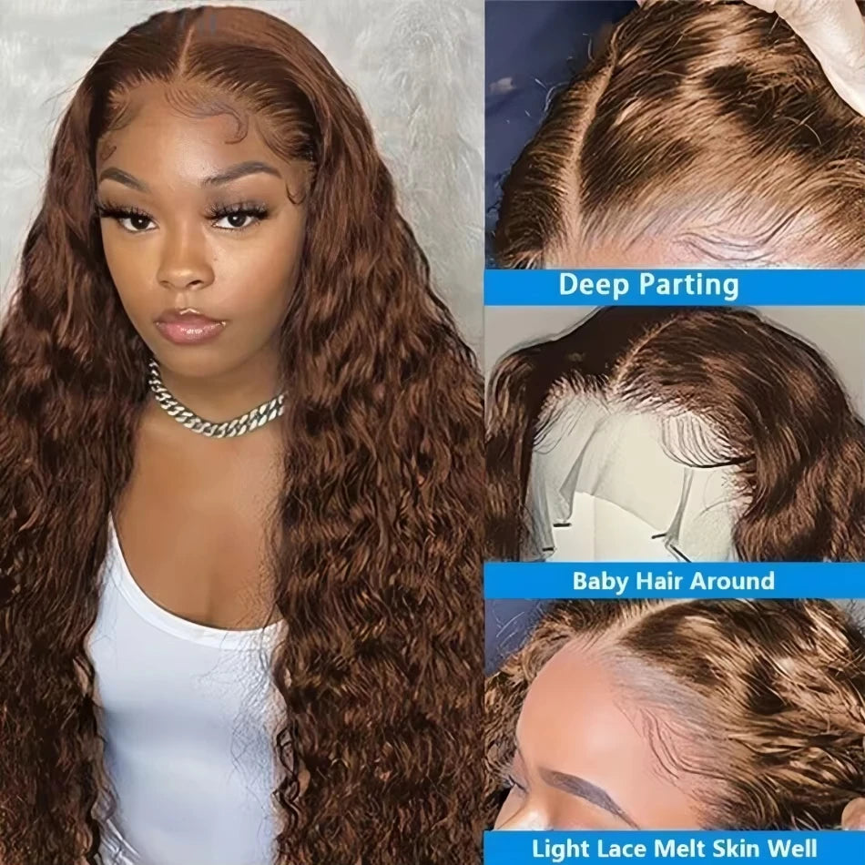 36 Inch Chocolate Brown Deep Wave Lace Front Human Hair Wig 13x4 Hd Lace Frontal Wig For Women 13x6 Water Curly Wigs 250 Density