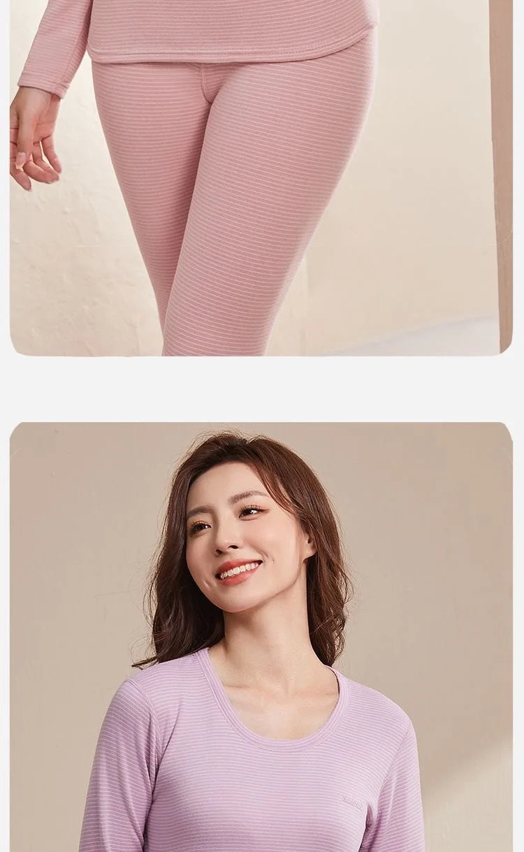 New Autumn/Winter Cashmere and Silk Round-Neck Thermal Set Striped Thermal Underwear for Men and Women Base Layer Undergarments