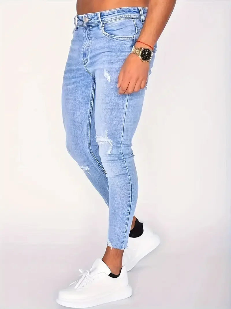 Men's Casual Slim Fit Ripped Jeans, Men's Versatile Street Style Denim Pants For All Seasons