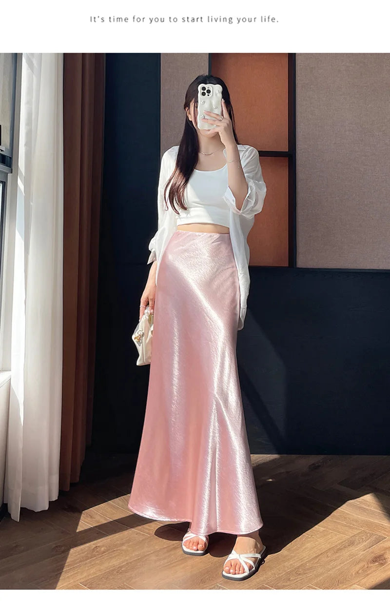 Zoki Chic Satin Elegant Long Skirt Women Casual Fashion High Waist Sweet Trumpet Skirts Slim Summer Female Korean Long Skirts