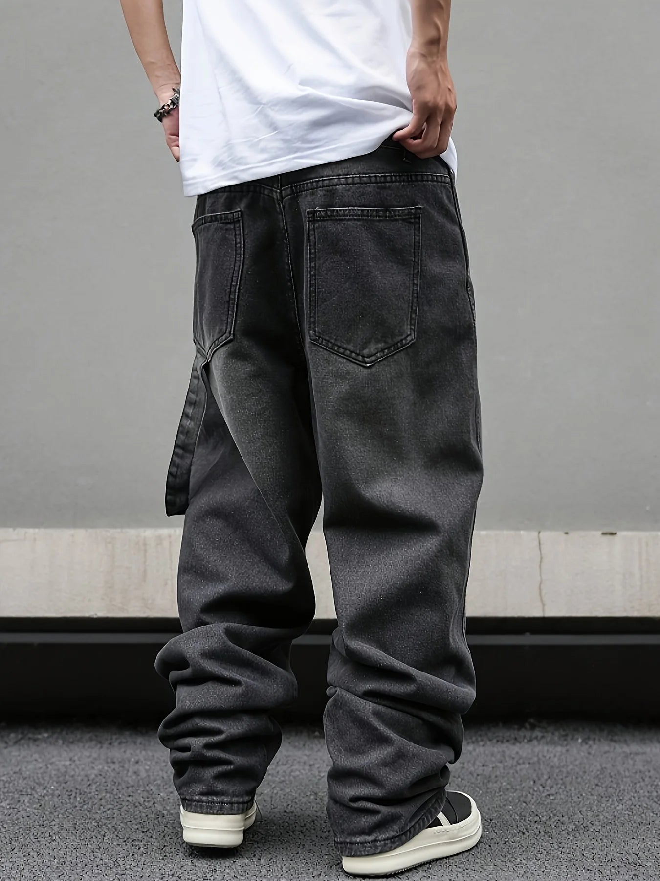 High street American Vibe pleated design micro flared jeans men's loose straight leg hanging wide leg pants men