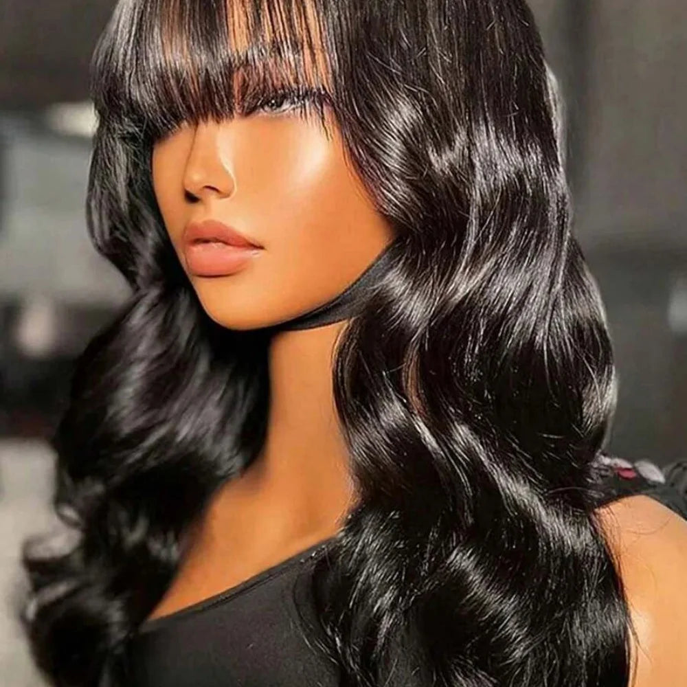 Body Wave Human Hair Wig with Bangs Middle Part 3x1 Lace Frontal Wig with Bangs Brazilian Human Hair Body Wave 34 Inch for Women